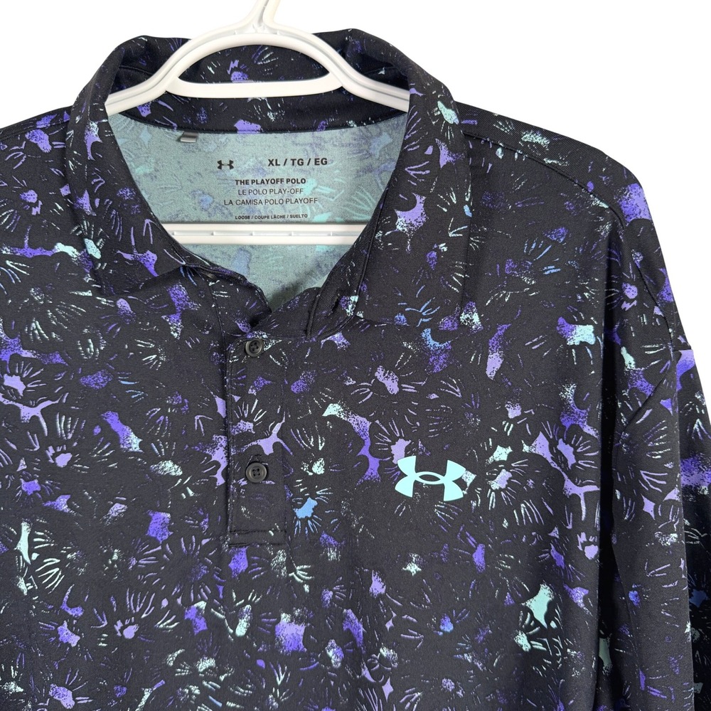 Under Armour The Playoff Polo Mens XL Black Purple Teal Geometric Floral Stretch